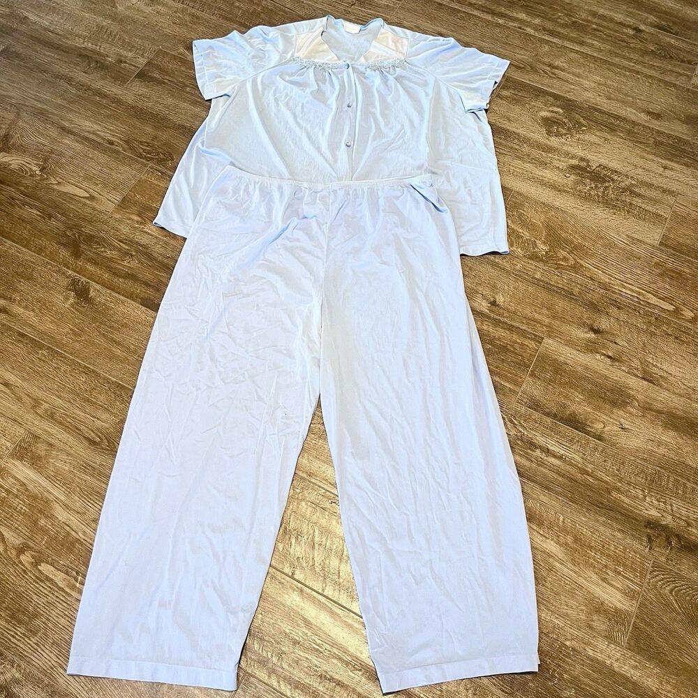 Vanity Fair 2 Piece Pajama Set Women's Size 2XL Light Blue Silky Nylon Vintage